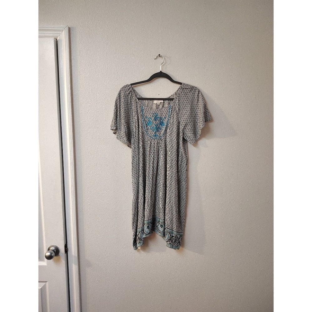Umgee‎ USA Boho Geometric Print Embroidered Tunic Dress Turquoise Medium